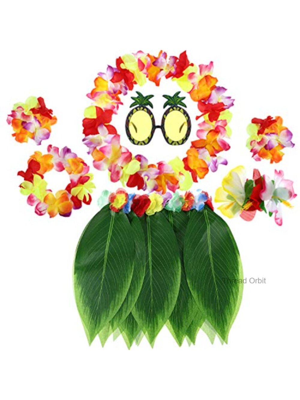 Hawaiian Hula Skirt Set 7 Pcs Leaf Skirt Flower Leis Party Costume